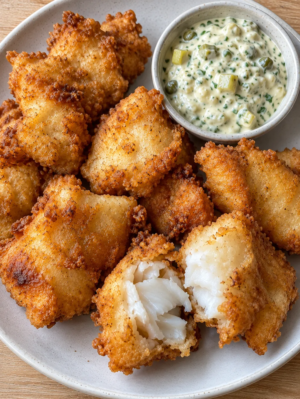 Krokante kabeljauwstukjes op een bord met een schaaltje frisse remoulade