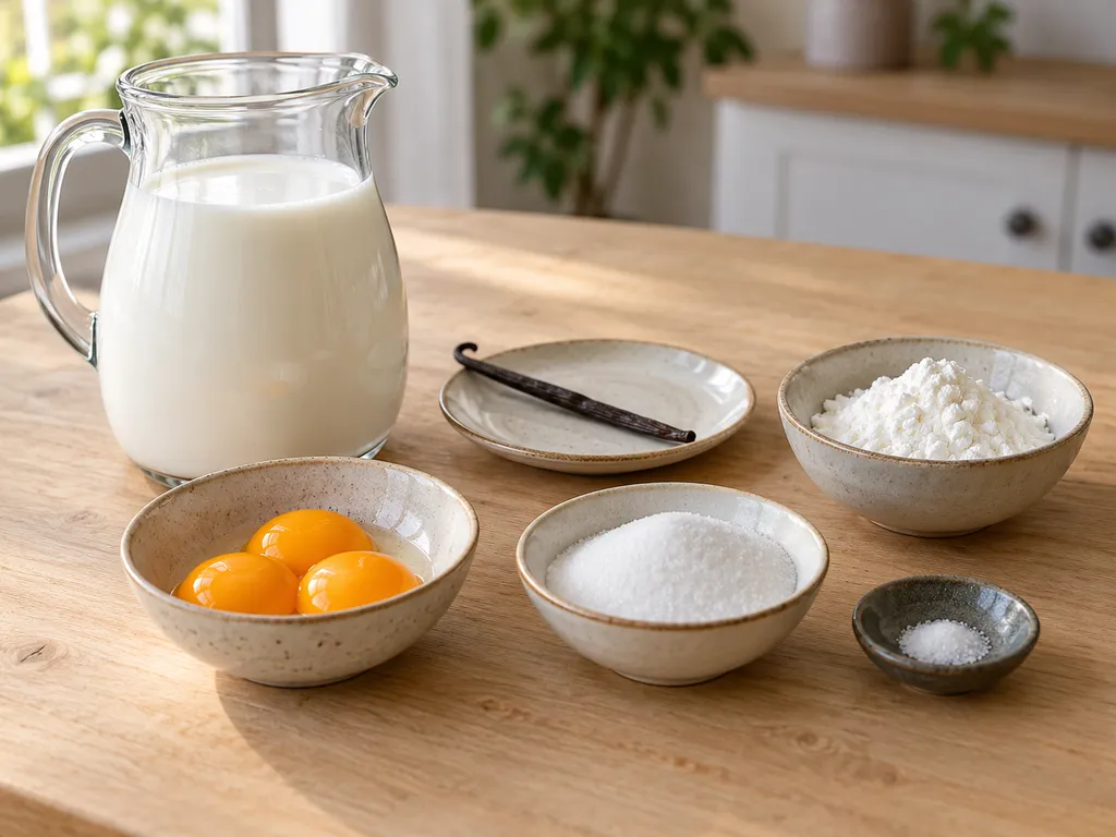 Melk, vanillestokje, maizena, drie eidooiers, suiker en zout voor vanillevla
