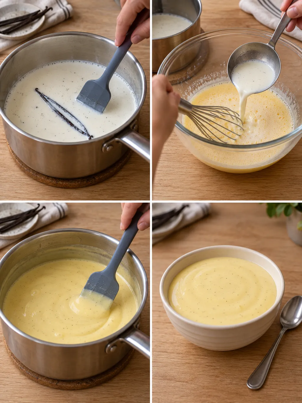 Melk verwarmen, dooiers mengen, vla koken en de afgewerkte vanillevla in een schaaltje