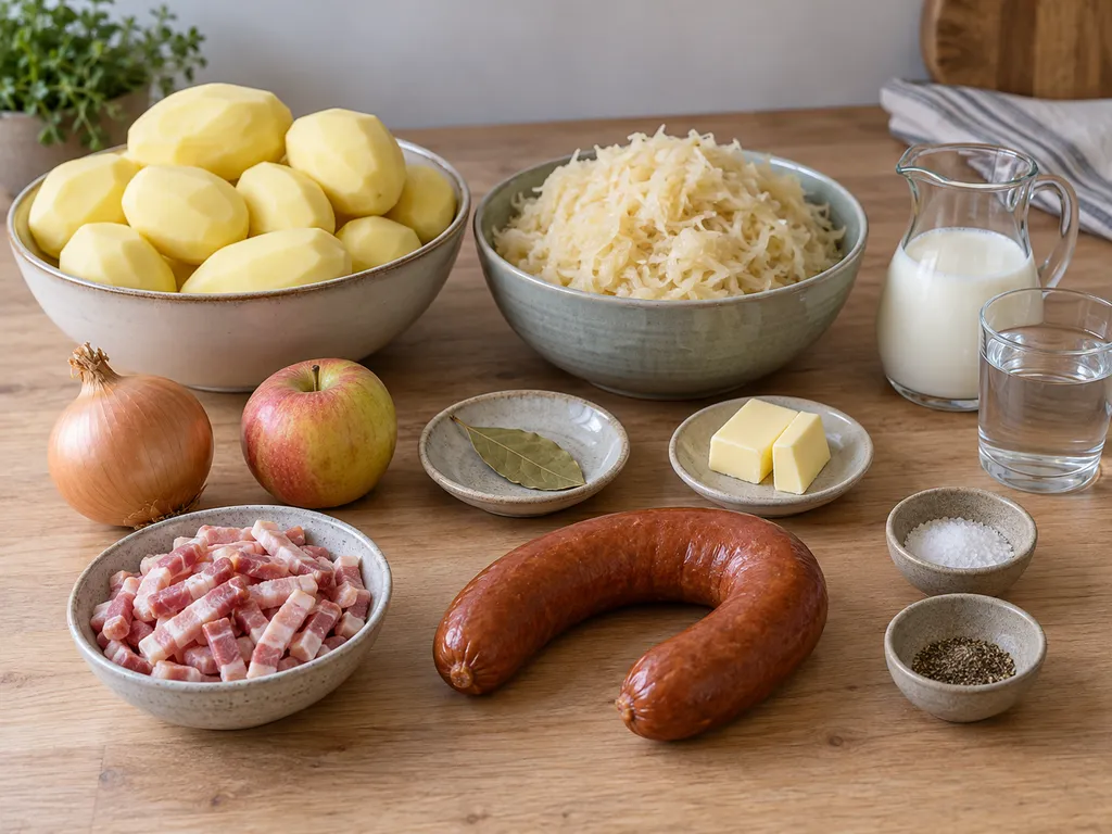 Aardappelen, zuurkool, appel, ui, spekblokjes en rookworst met melk en boter