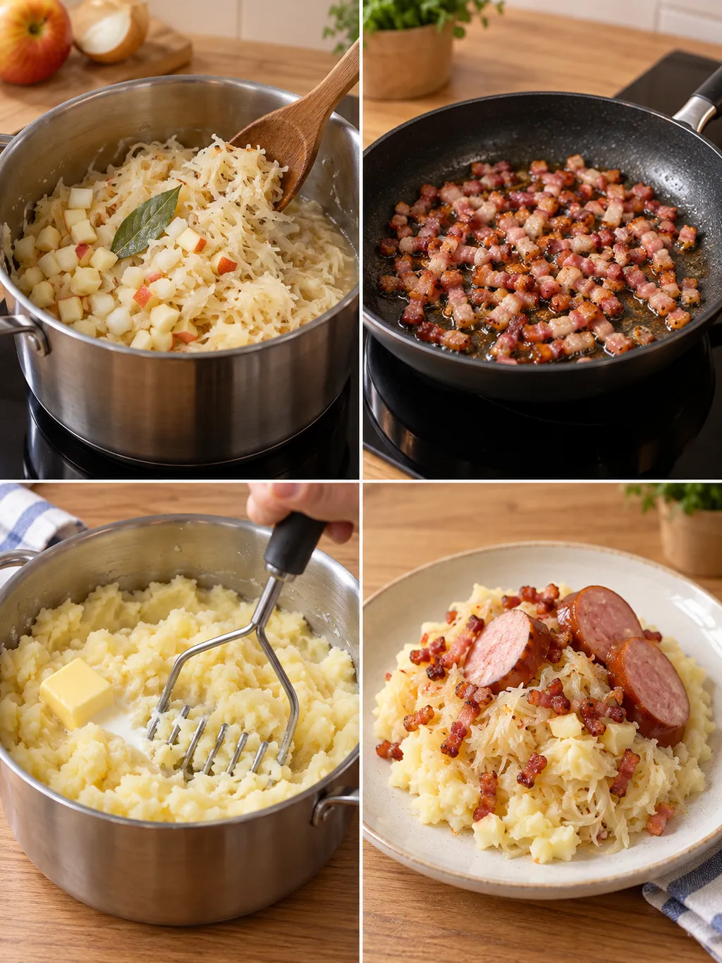 Zuurkool stoven, spekjes bakken, aardappelen stampen en de stamppot serveren
